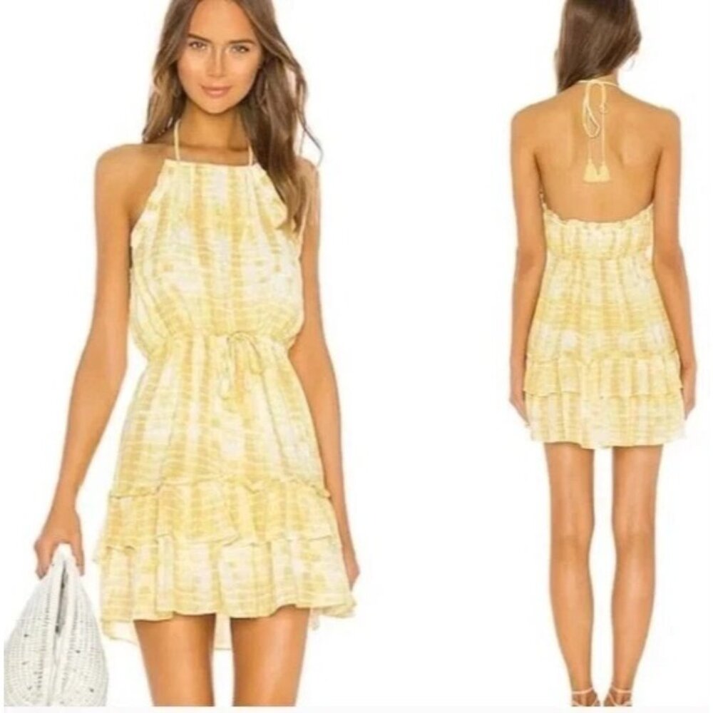 Revolve Majorelle Baker Mini Dress Medium Yellow Tie Dye‎ Halter Tiered Ruffle M